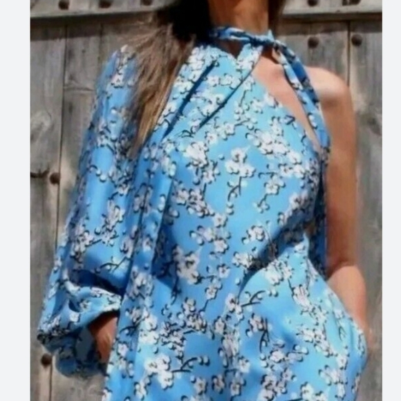 ZARA STUDIO FLORAL BLOSSOM BLUE ONE SHOULDER MAXI DRESS, SIZE M - Picture 13 of 13
